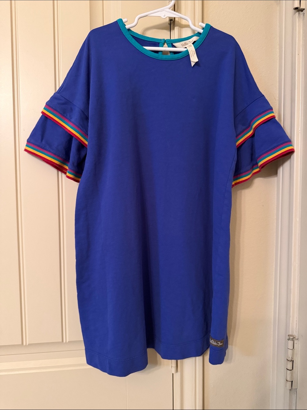 Matilda Jane Girls' Bright Blue Dress with Rainbow Trim sleeves